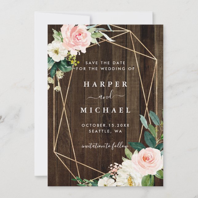Save The Date Photo de mariage en bois rustique floral géométriq (Devant)