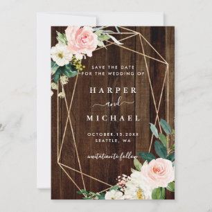 Save The Date Photo de mariage en bois rustique floral géométriq