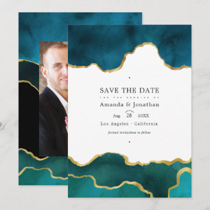 Save The Date Photo de mariage en pierre d'agate géode sarcelle 