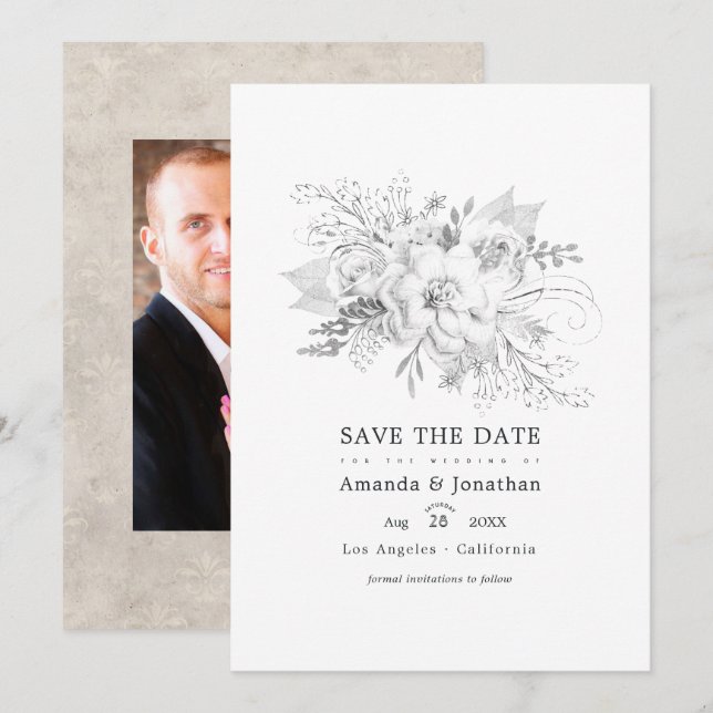 Save The Date Photo de mariage floral blanc (Devant / Derrière)