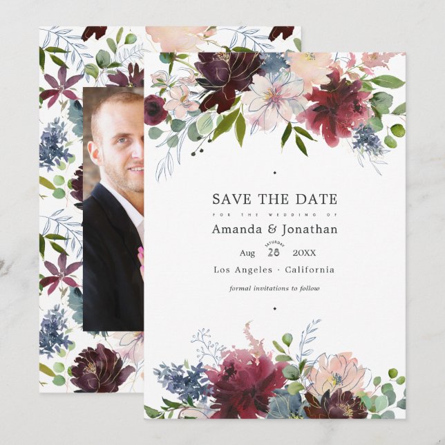 Save The Date Photo de mariage floral bordeaux, marine et rose (Devant / Derrière)