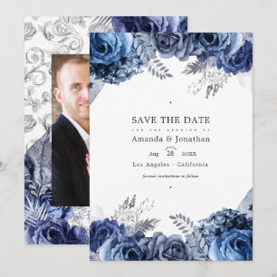 Save The Date Photo de mariage floral en faux-feuille Navy et ar