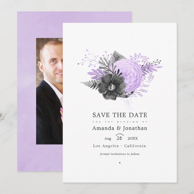 Save The Date Photo de mariage floral lilas et charbon (Devant / Derrière)