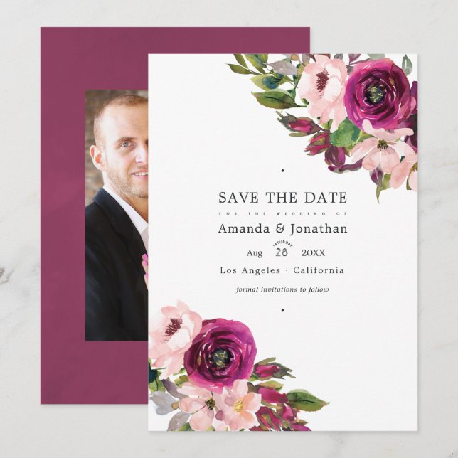 Save The Date Photo de mariage floral Marsala et Blush (Devant / Derrière)