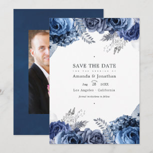 Save The Date Photo de mariage floral Navy et argenté en faux pa
