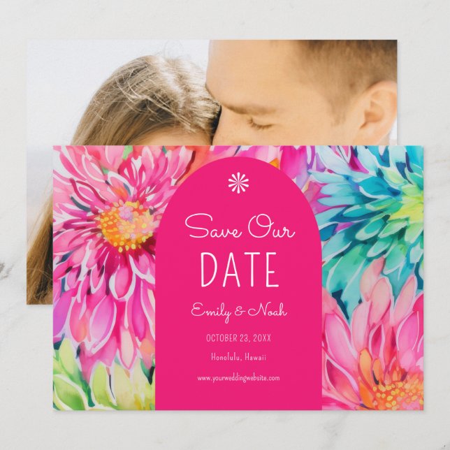 Save The Date Photo de mariage floral tropical moderne coloré (Devant / Derrière)