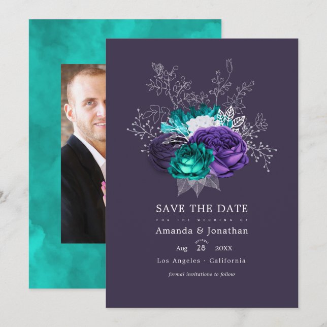 Save The Date Photo de mariage floral violet rustique et turquoi (Devant / Derrière)
