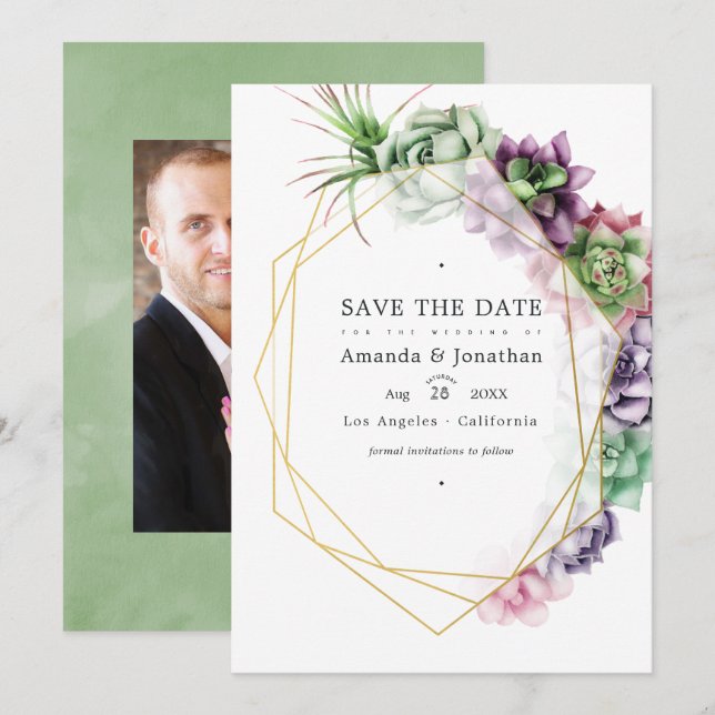 Save The Date Photo de mariage géométrique de succulente à l'aqu (Devant / Derrière)