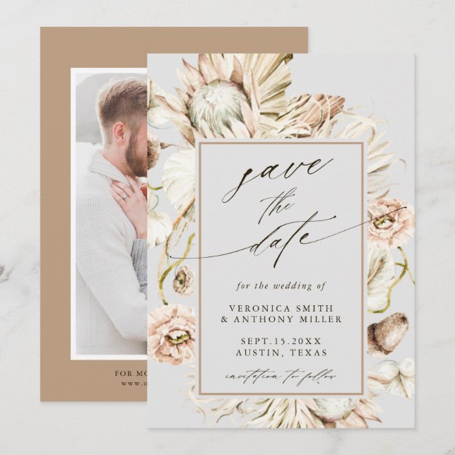 Save The Date Photo de mariage gris Boho Protea Pampas (Devant / Derrière)