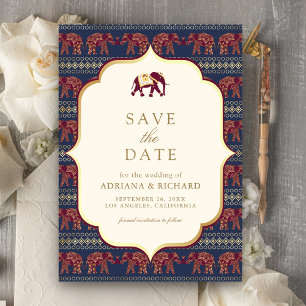 Save The Date Photo de mariage indien éléphant or bordeaux marin