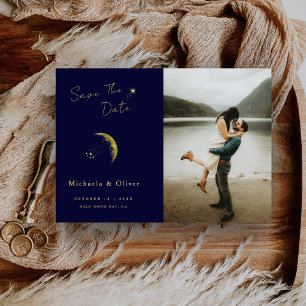 Save The Date Photo de mariage Lune d'or Bleu Minuit Céleste