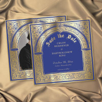 Photo de mariage médiéval bleu or gothique