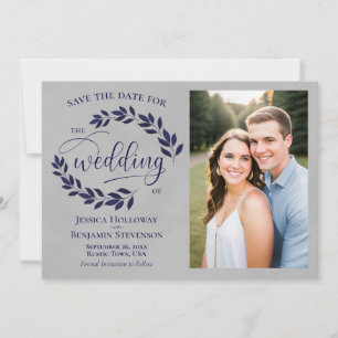 Save The Date Photo de mariage Navy Blue Laurel Leaves Rustique 