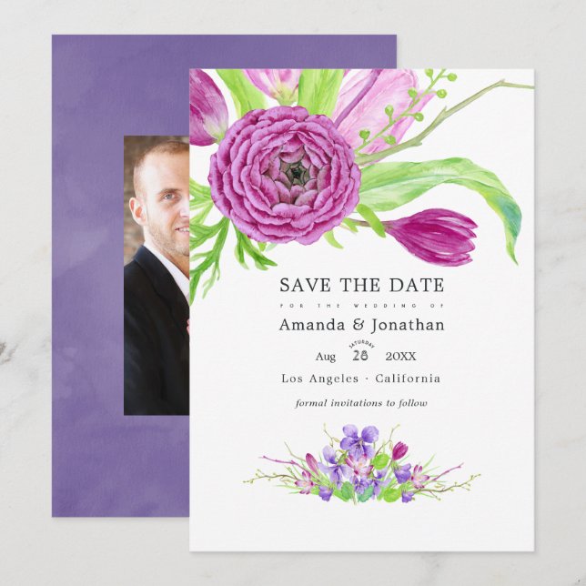 Save The Date Photo de mariage printanier floral à l'aquarelle (Devant / Derrière)
