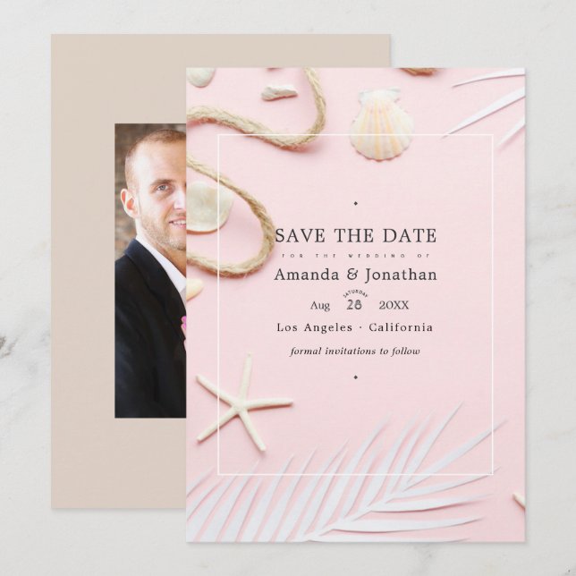 Save The Date Photo de mariage sur la plage rose blush (Devant / Derrière)