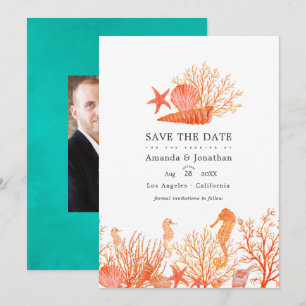 Save The Date Photo de mariage Turquoise et Coral Beach