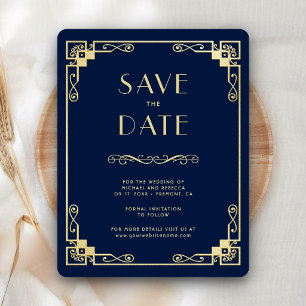 Save The Date Photo de mariage vintage Art Déco bleu marine et o