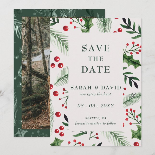 Save The Date Photo de Noël Holly Berries (Devant / Derrière)
