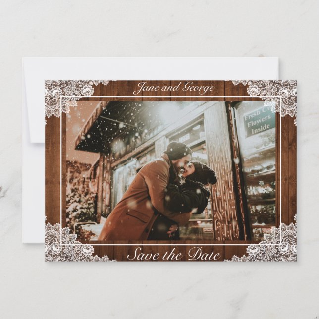 Save The Date Photo de Rustic Wood & White Lace Wedding (Devant)