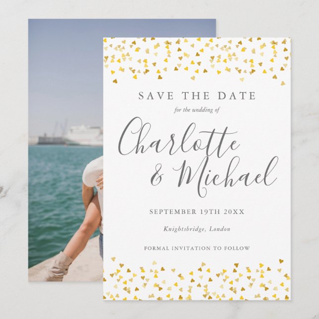 Save The Date Photo de script de confettis de cœurs dorés (Devant / Derrière)
