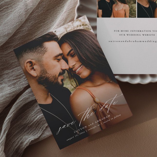 Save The Date Photo de script minimal (Elegant script 3 photo wedding save the date announcement cards.)