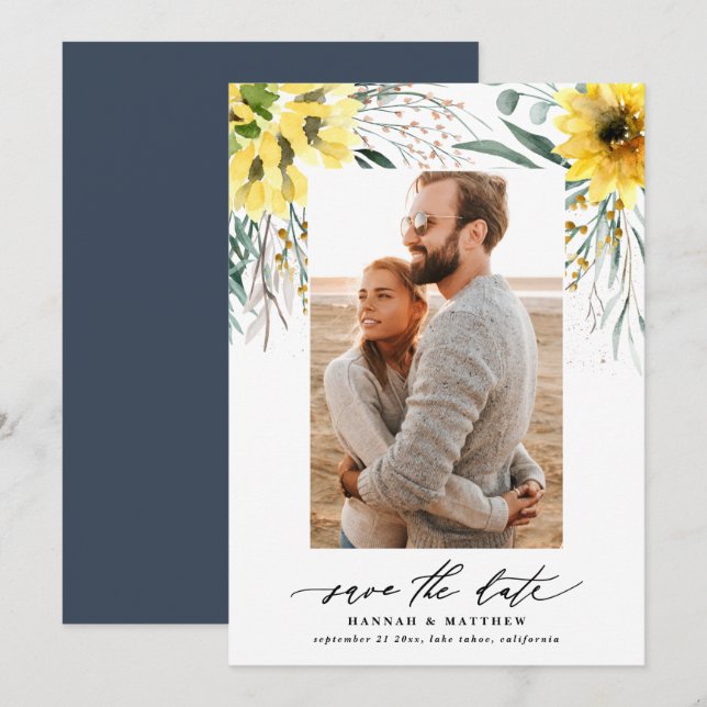 Save The Date Photo de tournesol botanique moderne à eucalyptus (Devant / Derrière)