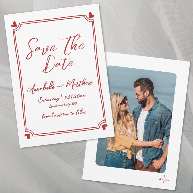 Save The Date Photo Dessiné Mariage Simple Rouge Fantaisiste (Hand Drawn Photo Whimsical Simple Red Wedding Save the Date)