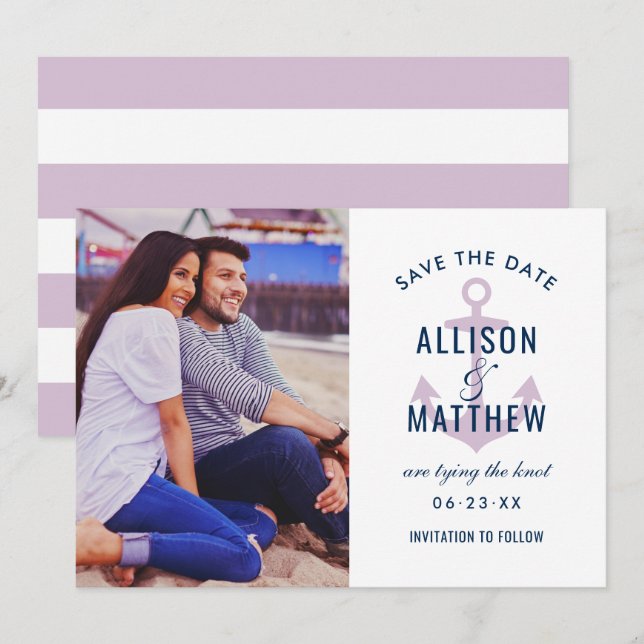 Save The Date Photo du Mariage d'Ancre violet violet de la marin (Devant / Derrière)