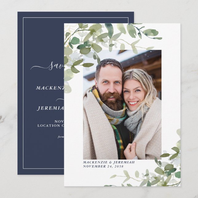 Save The Date Photo du Mariage de l'Eucalyptus bleu de la Marine (Devant / Derrière)