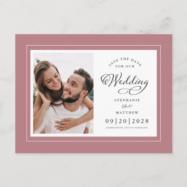 Save The Date Photo Dusty Rose Pink Chic Wedding Announcement Postcard (Front)