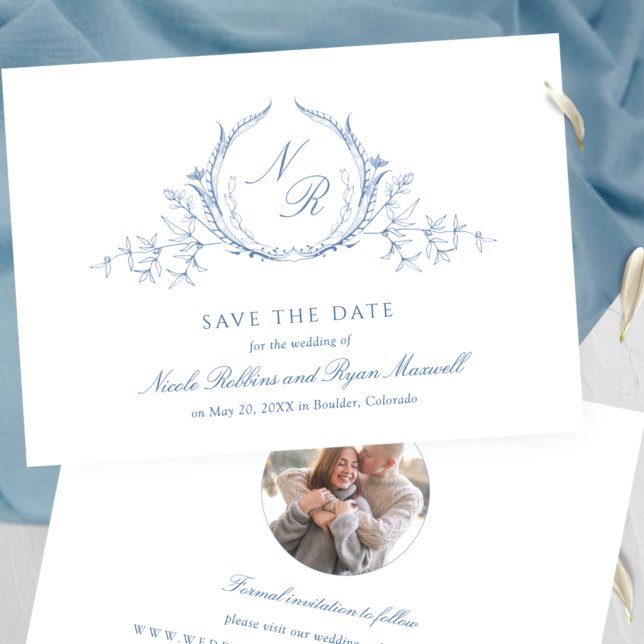 Save The Date Photo Elegant Classic Blue Monogram Mariage (Créateur téléchargé)