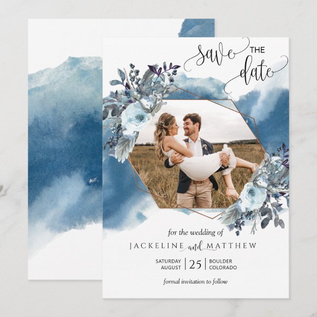 Save The Date Photo Elegant Géométrique Bleu Aquarelle (Devant / Derrière)
