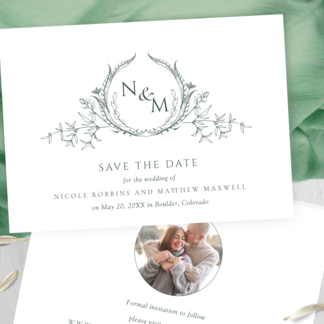 Save The Date Photo Elegant Green Monogram Mariage (Créateur téléchargé)