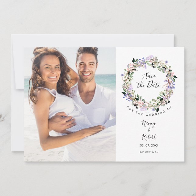 Save The Date Photo Elegant Lavande Floral Garland Chic (Devant)