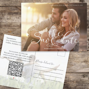 Save the Date Photo Elegant Script QR Code Announcement Postcard