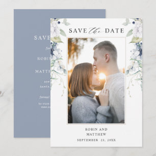 Save The Date Photo élégante, Mariage floral bleu et blanc