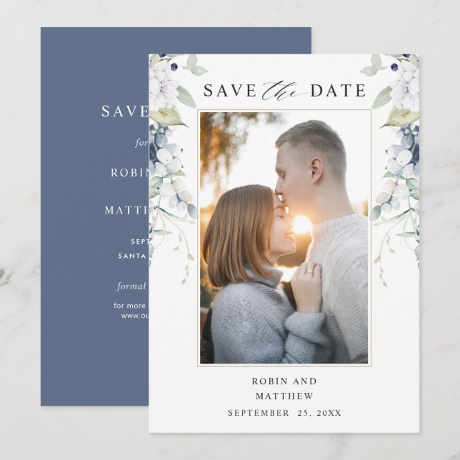 Save The Date Photo élégante, Marine et Mariage floral blanc (Devant / Derrière)