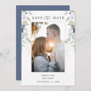 Save The Date Photo élégante, Marine et Mariage floral blanc