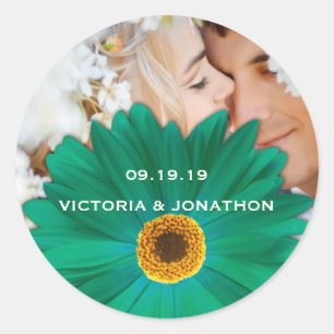 Save the Date Photo Emerald Gerber Daisy Wedding Classic Round Sticker