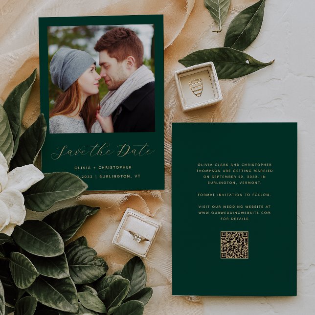 Save The Date Photo Emerald Gold Script Code QR (Créateur téléchargé)