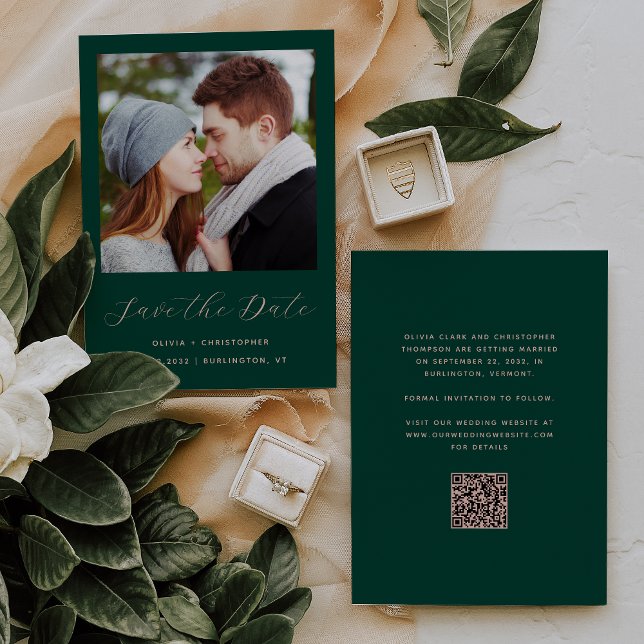 Save The Date Photo Emerald Green Blush Script QR Code (Créateur téléchargé)