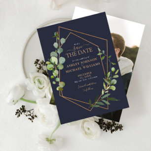 Save The Date Photo en cuivre géométrique Eucalyptus bleu