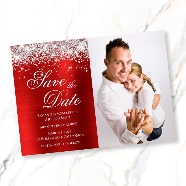 Save The Date Photo en feuille d'argent rouge pailleté (Créateur téléchargé)