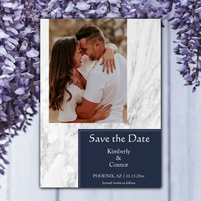 Save The Date Photo en marbre simple bleu marine (Navy Simple Marbled Photo Save the Date)