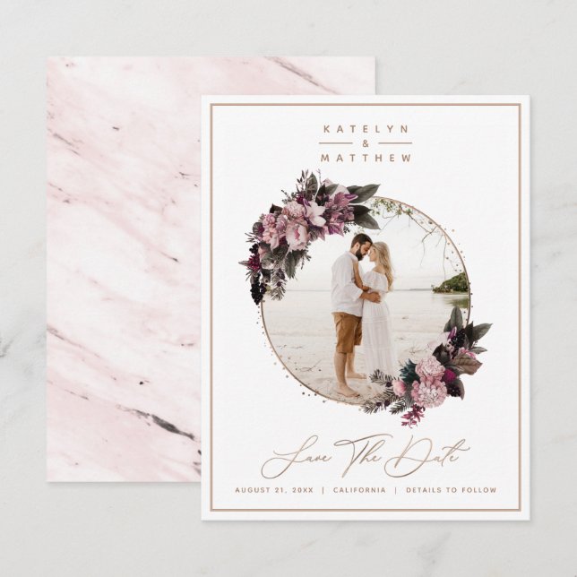 Save The Date Photo et calligraphie encadrées d'or floral rustiq (Devant / Derrière)