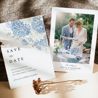 Save The Date Photo Fleurs Blanches Bleu Poussiéreux Mariage