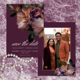 Save The Date Photo floral élégant burgundy classique et sombre