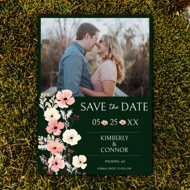 Save The Date Photo florale de Boho moderne | Emerald Green (Emerald Green Modern Boho Floral Photo Save the Date)