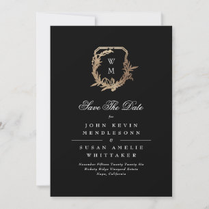 Save The Date Photo Formelle Blanc Noir Monogramme Gold Crest
