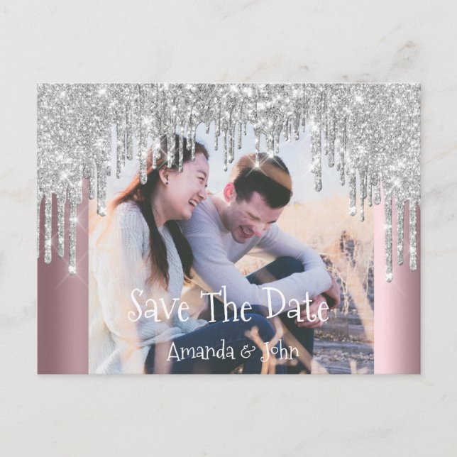 Save The Date Photo Glitter Engagement Rose Grey Announcement Postcard (Front)